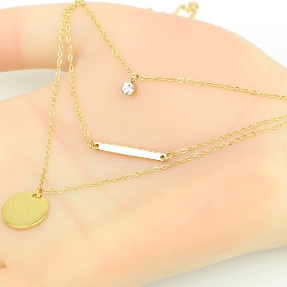 Layered Yellow Necklace with Round and Bar Pendant, Chic Design, XPNL0367 - Picture 3 of 12